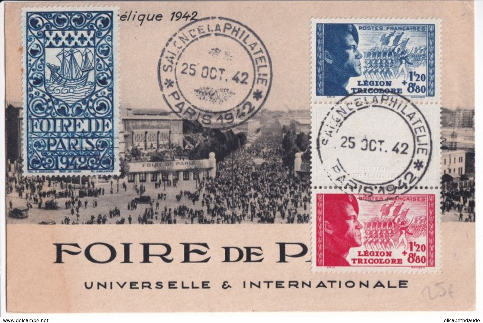 1942 - VIGNETTE / CINDERELLA EXPOSITION FOIRE DE PARIS Sur CARTE + OBLITERATION SPECIALE - TRIPTYQUE LEGION TRICOLORE !! - Philatelic Fairs