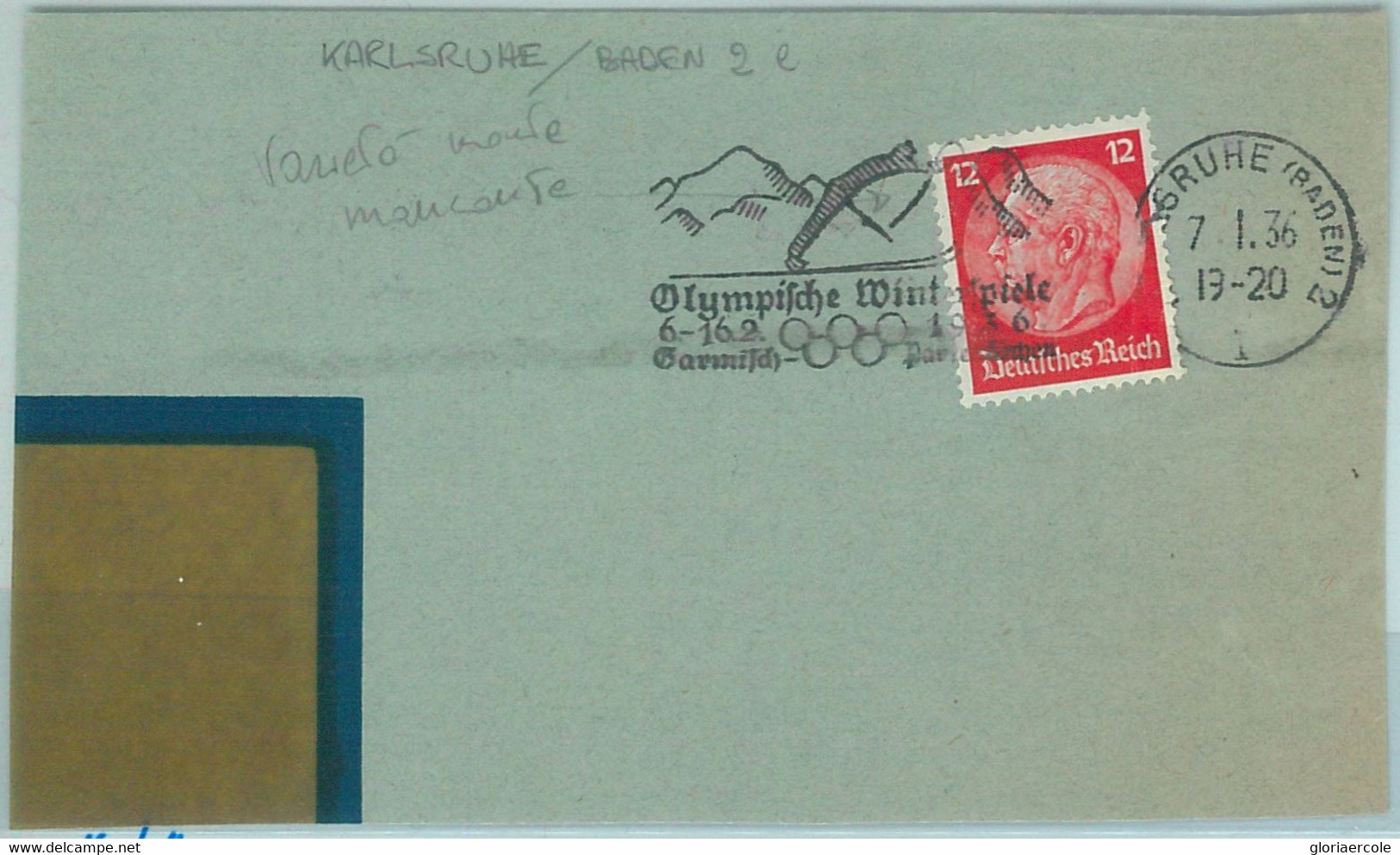 68294 - GERMANY - POSTAL HISTORY - SPECIAL POSTMARK On COVER - 7.1.1936 Winter Olympic Games, Karlsruhe - Hiver 1936: Garmisch-Partenkirchen
