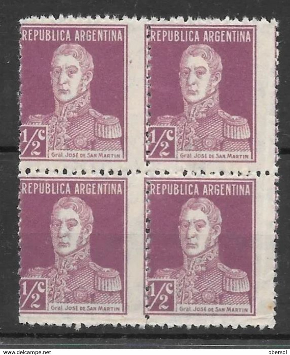 Argentina 1923 San Martin 1/2 Cent Block Of Four Displaced Perf MINT - Nuevos