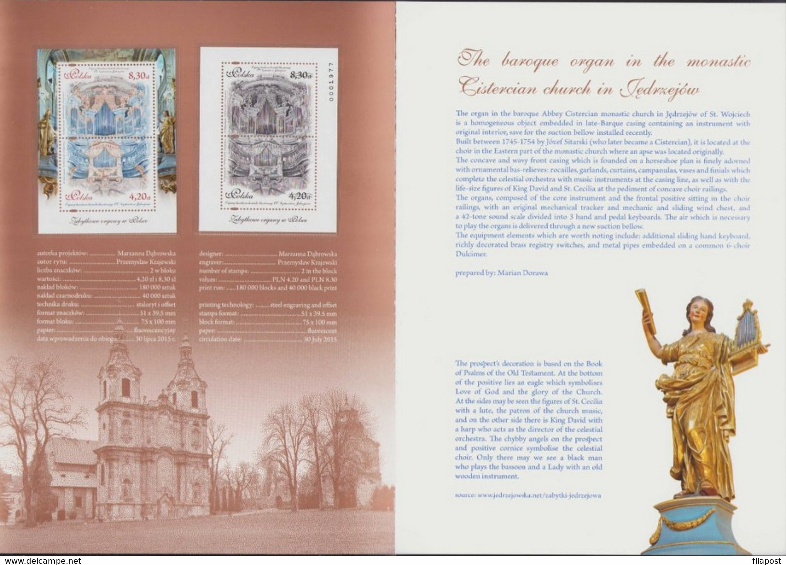 Poland 2015 Booklet / Historic Baroque Pipe Organ In Monastic Cistercian Church / Block MNH** + Blackprint MNH** - Booklets