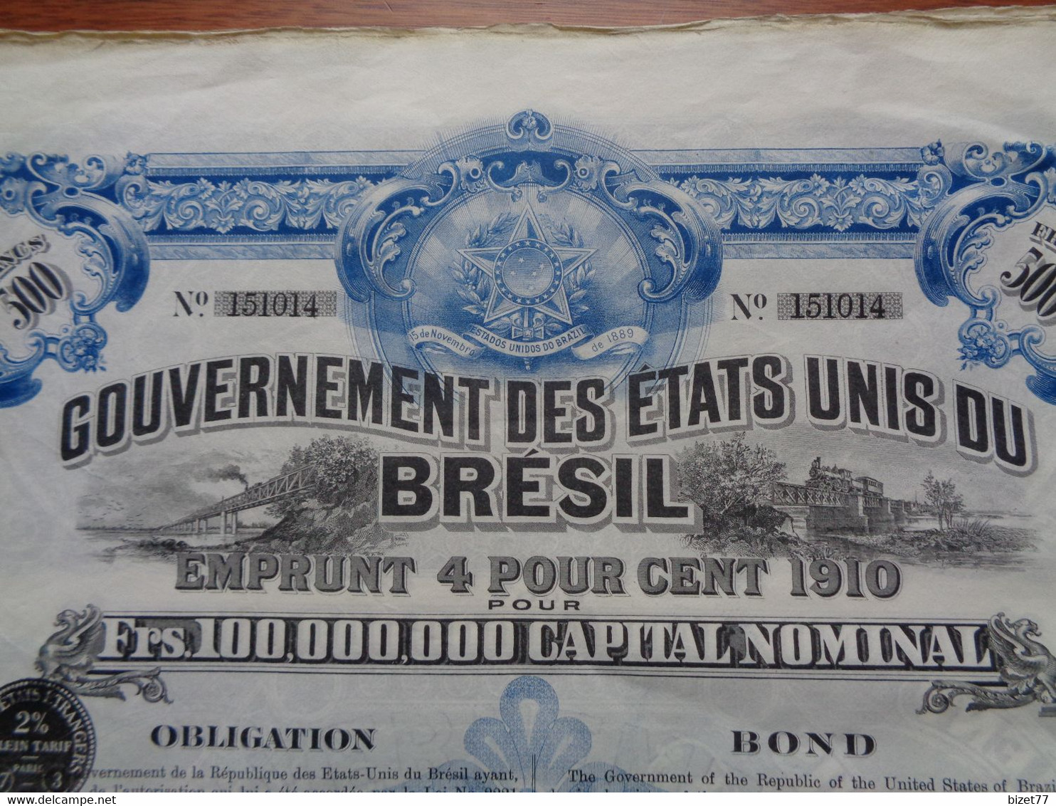 BRESIL - LOT 3 TITRES - GOUVERNEMENT DU BRESIL, EMPRUNT 4% 1910 - OBLIGATION  DE 500 FRS - BELLE DECO - Autres & Non Classés