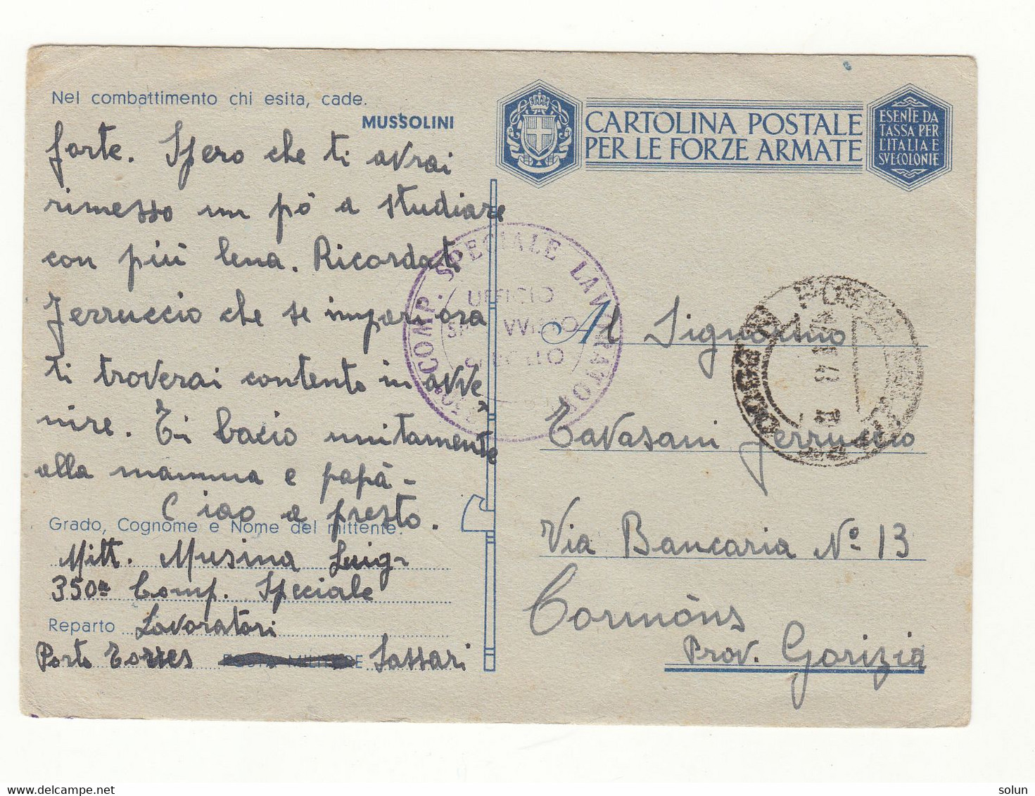 POSTA MILITARE 350  COMP. SPECIALE LAVORATORI  PORTO TORRES SASSARI 1943  A CORMONS GORIZIA   WWII - Poste Militaire (PM)