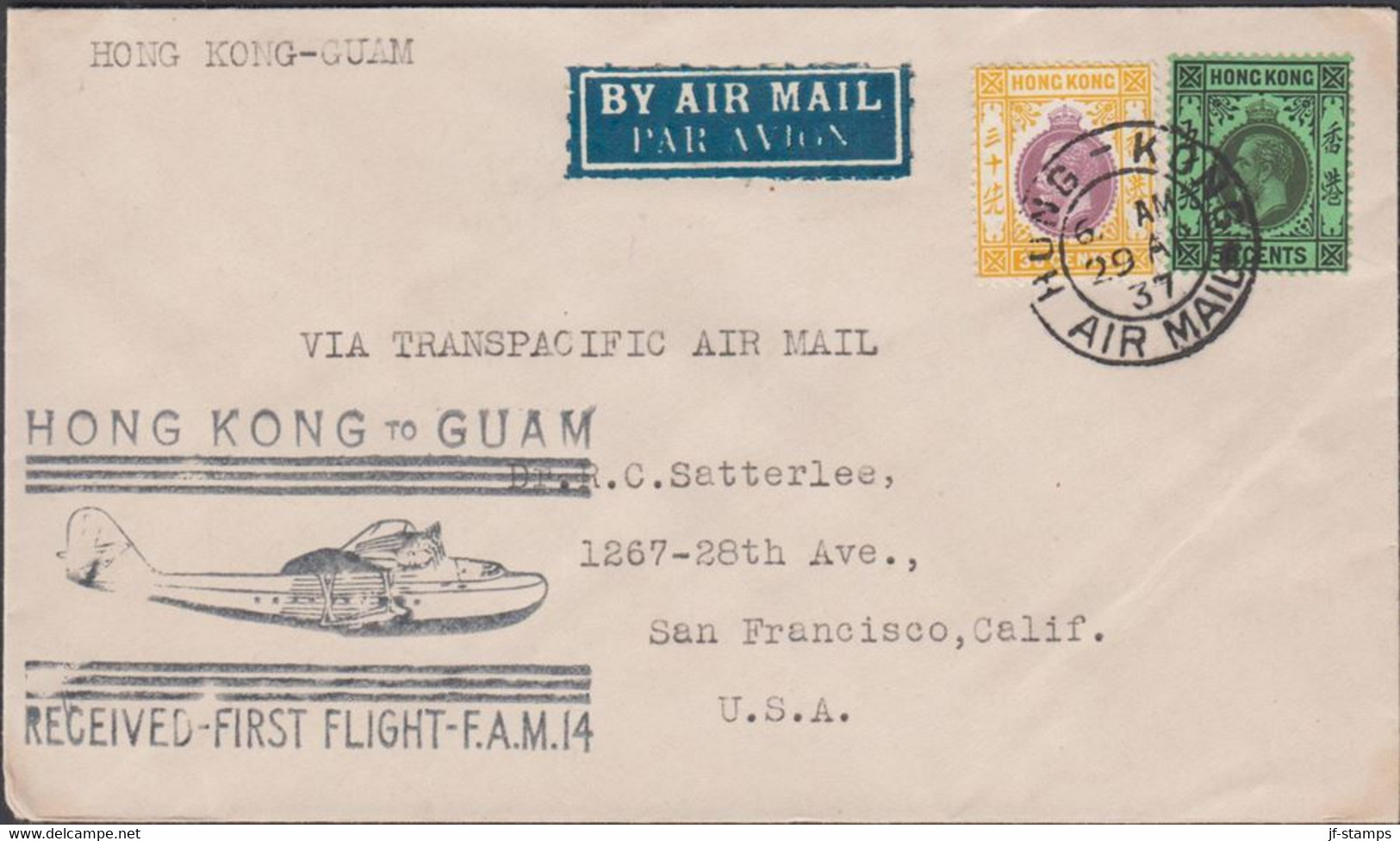 1937. HONG KONG Georg V. 30 Cents + 50 Cents On First Flight Air Mail Cover To San Francisco... (Michel 121+) - JF427046 - Brieven En Documenten