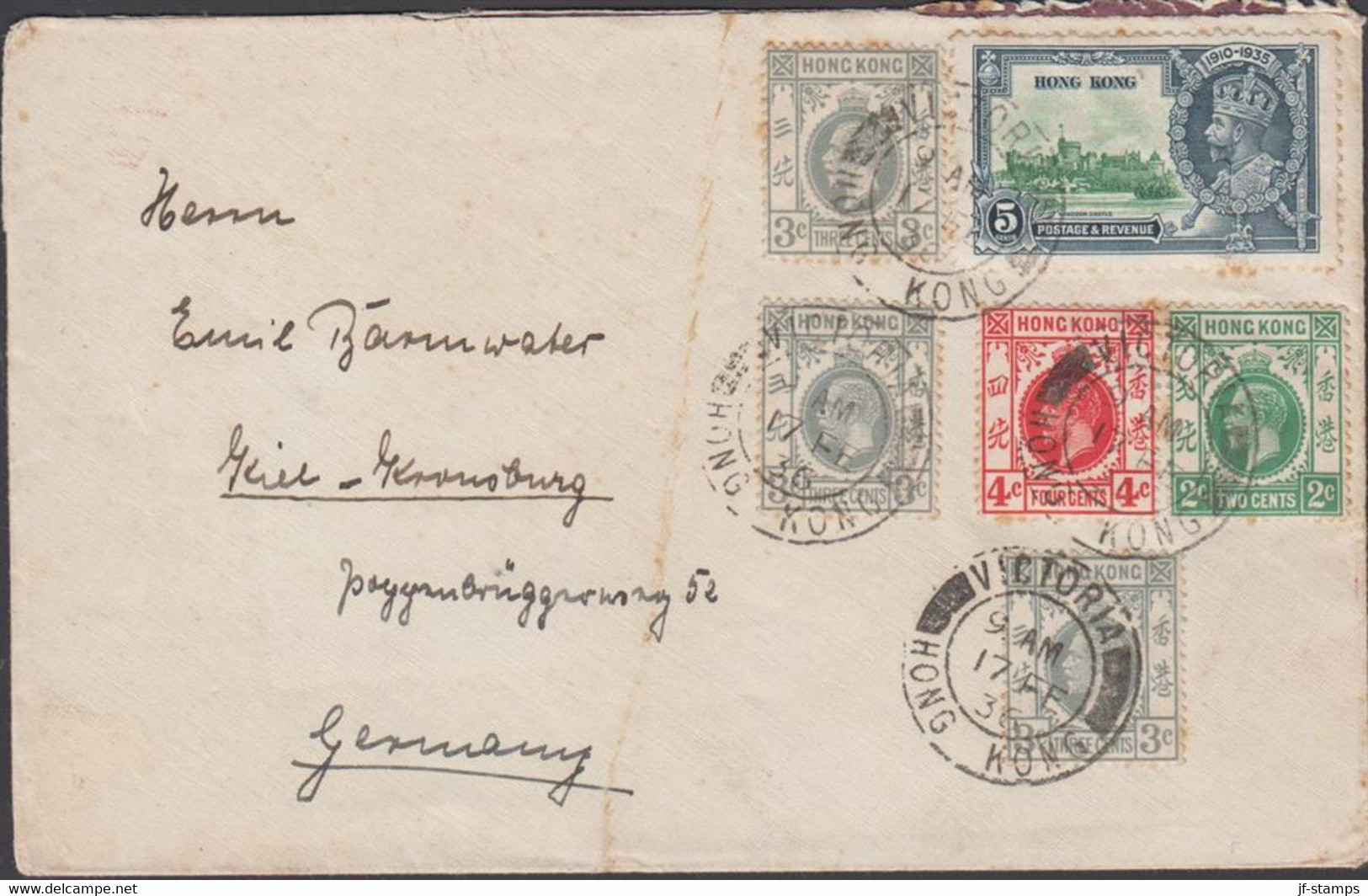 1936. HONG KONG Georg V. 5 Cents Silver Jubilee + 2 C, 4c And 3 Ex 3 C On Cover To Germany F... (Michel 133+) - JF427047 - Covers & Documents