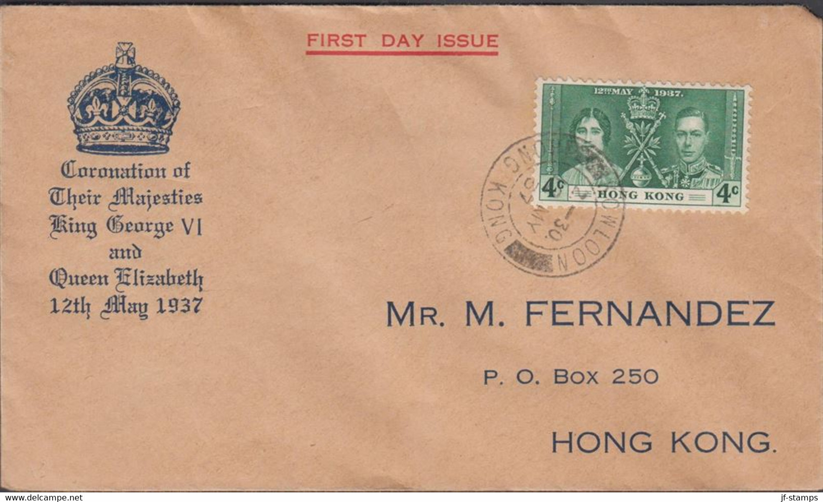 1937. HONG KONG Georg VI. 4 C Coronation On Nice FDC Cancelled FIRST DAY OF ISSUE KOWLOON HON... (Michel 136) - JF427048 - Briefe U. Dokumente