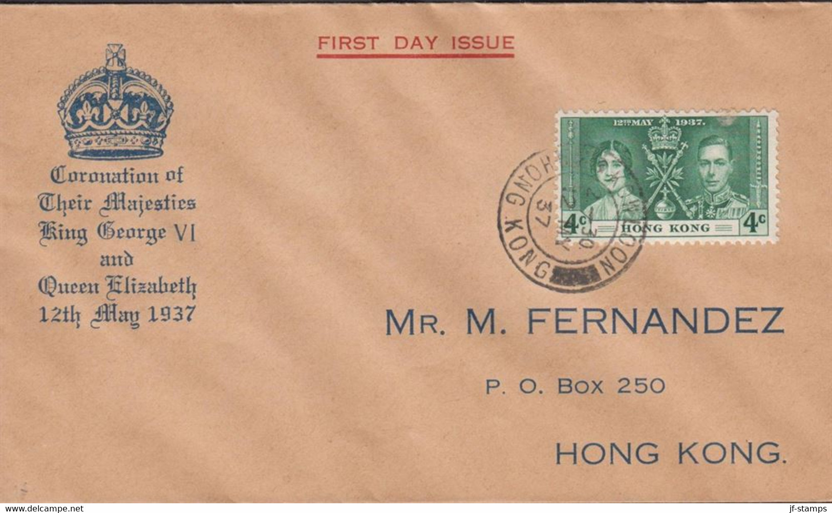 1937. HONG KONG Georg VI. 4 C Coronation On Nice FDC Cancelled FIRST DAY OF ISSUE KOWLOON HON... (Michel 136) - JF427049 - Lettres & Documents