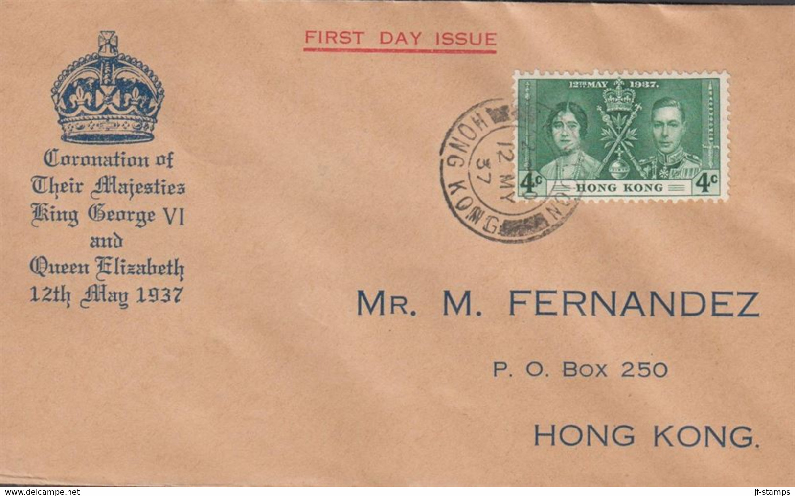 1937. HONG KONG Georg VI. 4 C Coronation On Nice FDC Cancelled FIRST DAY OF ISSUE KOWLOON HON... (Michel 136) - JF427050 - Briefe U. Dokumente