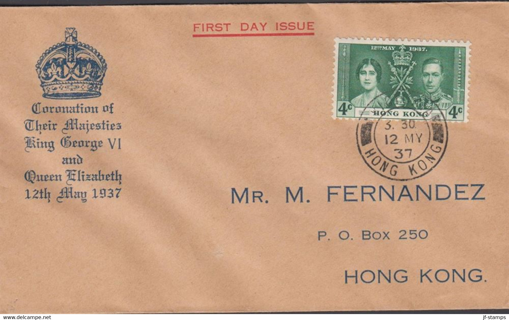 1937. HONG KONG Georg VI. 4 C Coronation On Nice FDC Cancelled FIRST DAY OF ISSUE VICTORIA HO... (Michel 136) - JF427051 - Briefe U. Dokumente