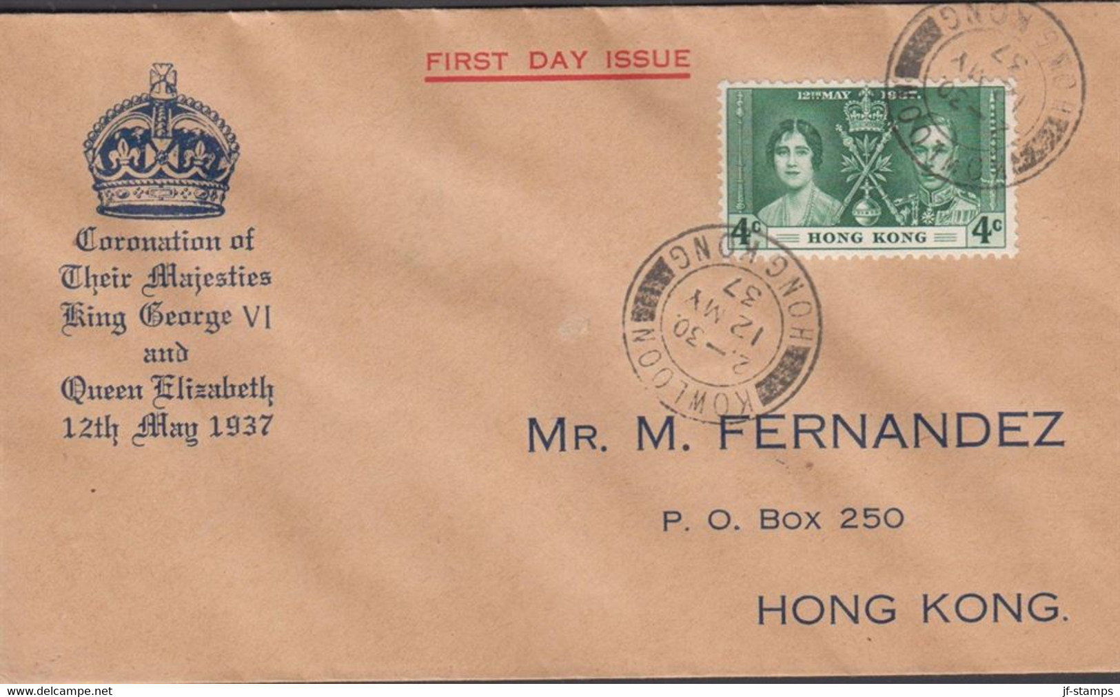 1937. HONG KONG Georg VI. 4 C Coronation On Nice FDC Cancelled FIRST DAY OF ISSUE KOWLOON HON... (Michel 136) - JF427055 - Covers & Documents