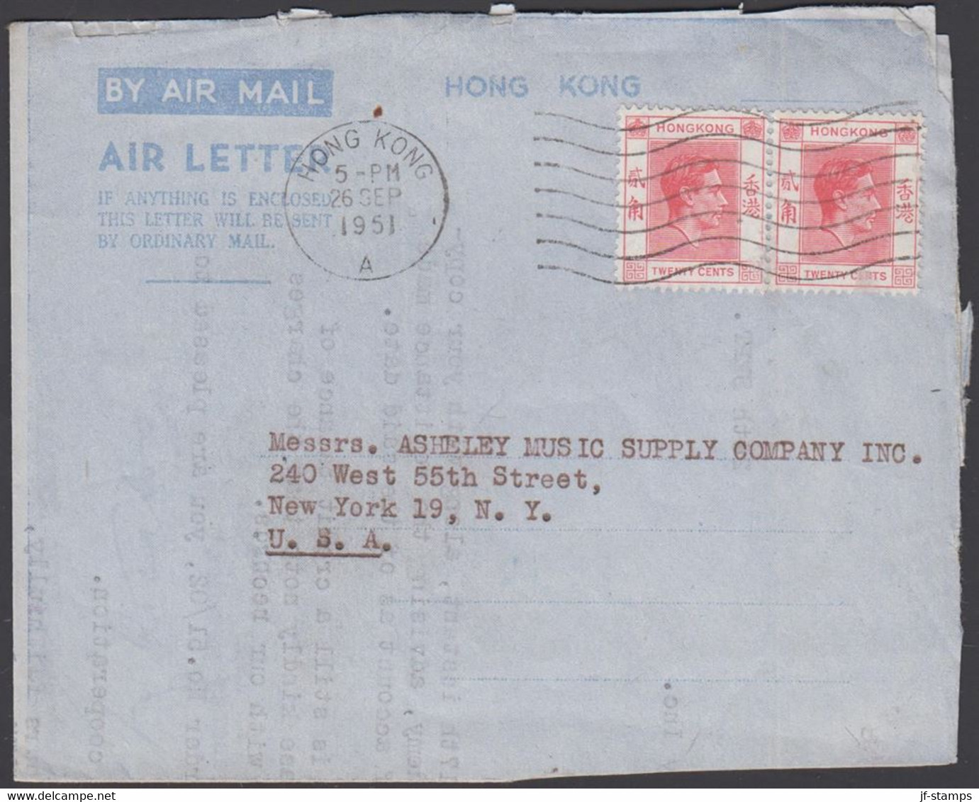 1951. HONGKONG. GEORG VI. TWENTY + TWENTY CENTS On AIR LETTER To USA. Cancelled HONG KONG 26... (Michel  147) - JF427057 - Covers & Documents