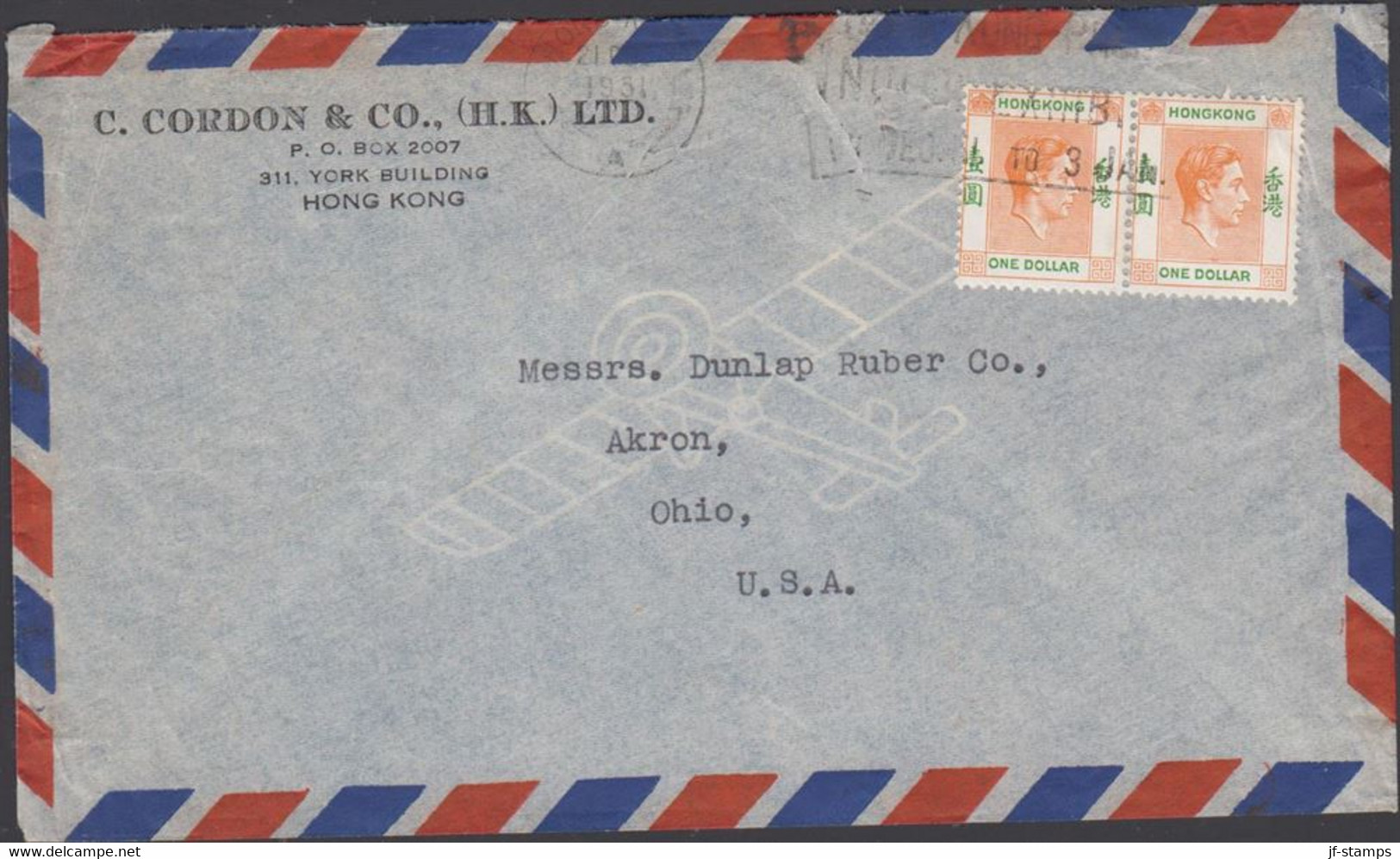 1951. HONGKONG. GEORG VI. 2 Ex $ ONE DOLLAR  On AIR MAIL Cover To USA. Cancelled HONG KONG 2... (Michel  156) - JF427061 - Briefe U. Dokumente