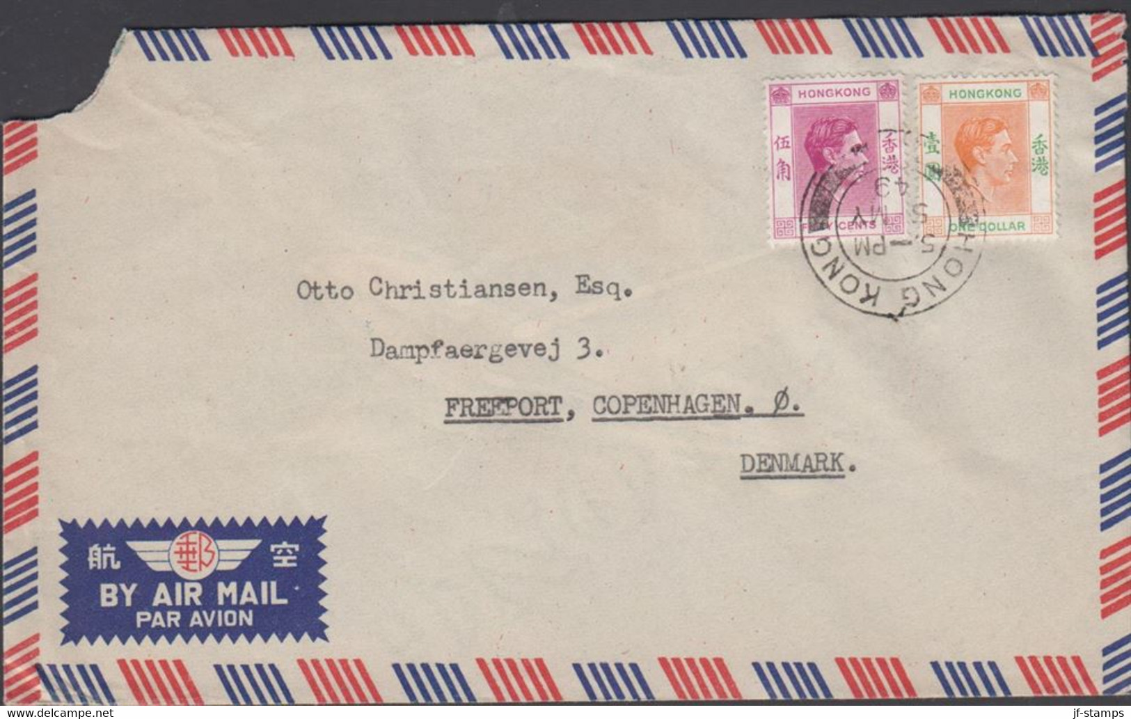 1949. HONGKONG. GEORG VI. ONE DOLLAR + 50 C On AIR MAIL Cover To Denmark. Cancelled HONG KO... (Michel  156+) - JF427064 - Cartas & Documentos