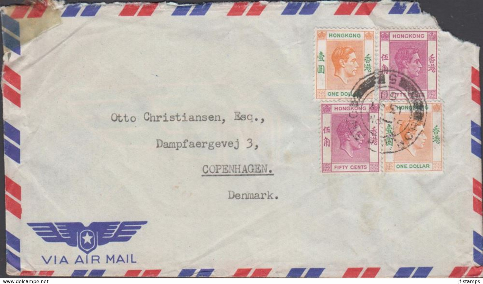 1950. HONGKONG. GEORG VI. 2 Ex ONE DOLLAR + 2 Ex 50 C On AIR MAIL Cover To Denmark. Cancell... (Michel  156+) - JF427069 - Cartas & Documentos