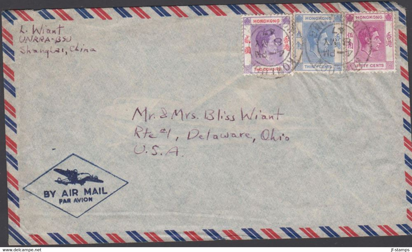 1947. HONGKONG. GEORG VI. TWO DOLLARS + THIRTY CENTS + FIFTY CENTS On AIR MAIL Cover To USA... (Michel  158+) - JF427071 - Cartas & Documentos