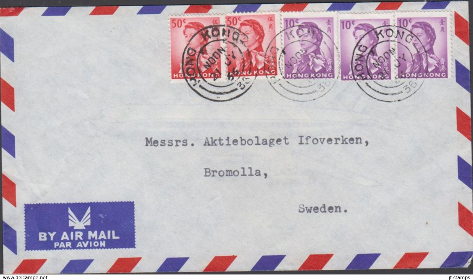 1966. HONG KONG Elizabeth 2 Ex 50 C + 3 Ex 10 C On AIR MAIL Cover To Bromolla, Sweden Cancel... (Michel 203+) - JF427073 - Cartas & Documentos