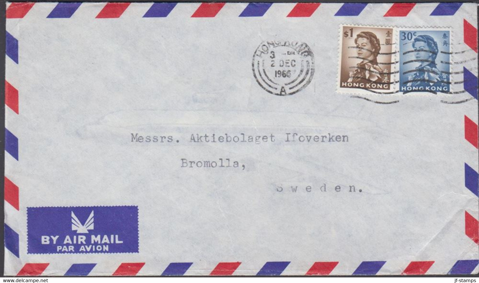 1966. HONG KONG Elizabeth $ 1 + 30 C On AIR MAIL Cover To Bromolla, Sweden Cancelled HONG KO... (Michel 205+) - JF427080 - Briefe U. Dokumente