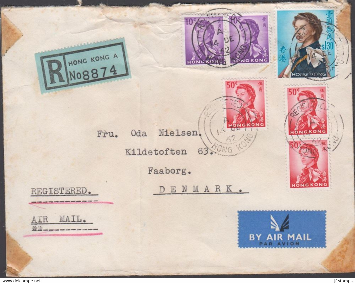 1962. HONG KONG Elizabeth $ 1.30 2 Ex 10 C + 3 Ex 50 C On AIR MAIL REGISTERED Cover To Faabo... (Michel 206+) - JF427085 - Lettres & Documents