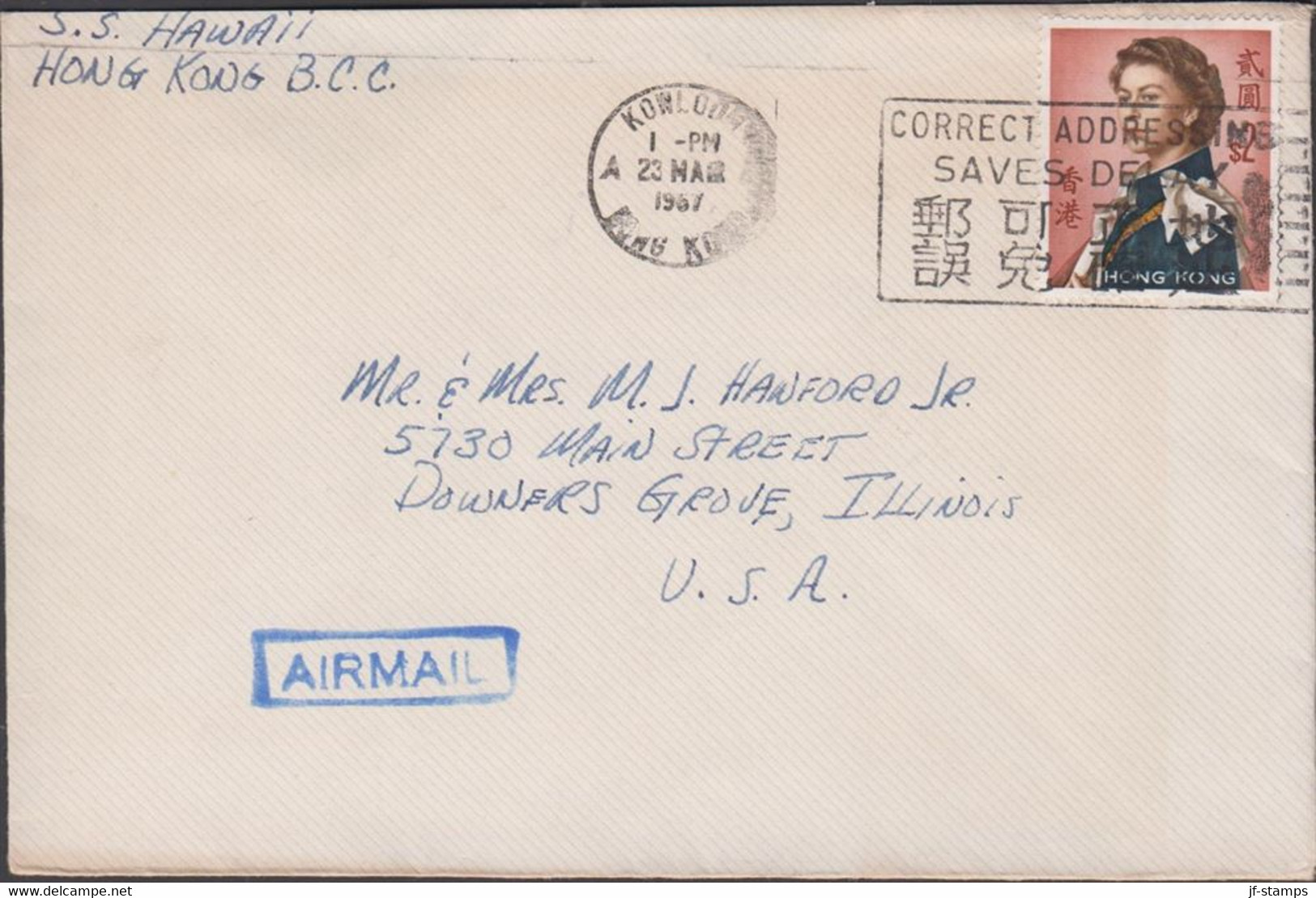 1967. HONG KONG Elizabeth $ 2 On AIR MAIL Cover To USA Cancelled KOWLOON 23 MAR 1967. Sender ... (Michel 207) - JF427088 - Brieven En Documenten