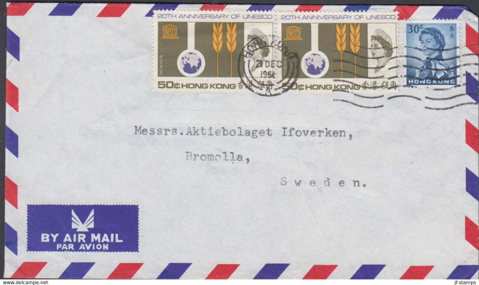 1966. HONG KONG Elizabeth 30 C + 2 Ex UNESCO 50 C On AIR MAIL Cover To Bromolla, Sweden Cance... (Michel 225) - JF427090 - Briefe U. Dokumente