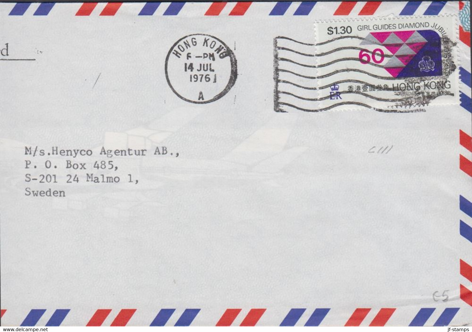 1976. HONG KONG. $ 1.30 Girls Guides - Scouts On Cut Long AIR MAIL Cover To Sweden From HONG ... (Michel 325) - JF427106 - Storia Postale