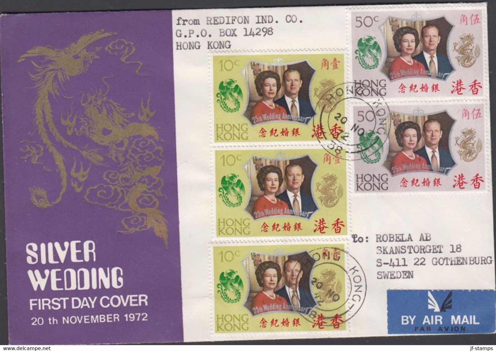 1972. HONG KONG. SILVER WEDDING On FDC To Sweden Cancelled DAY OF ISSUE 20 NO 72.  (Michel 264-265) - JF427131 - Covers & Documents