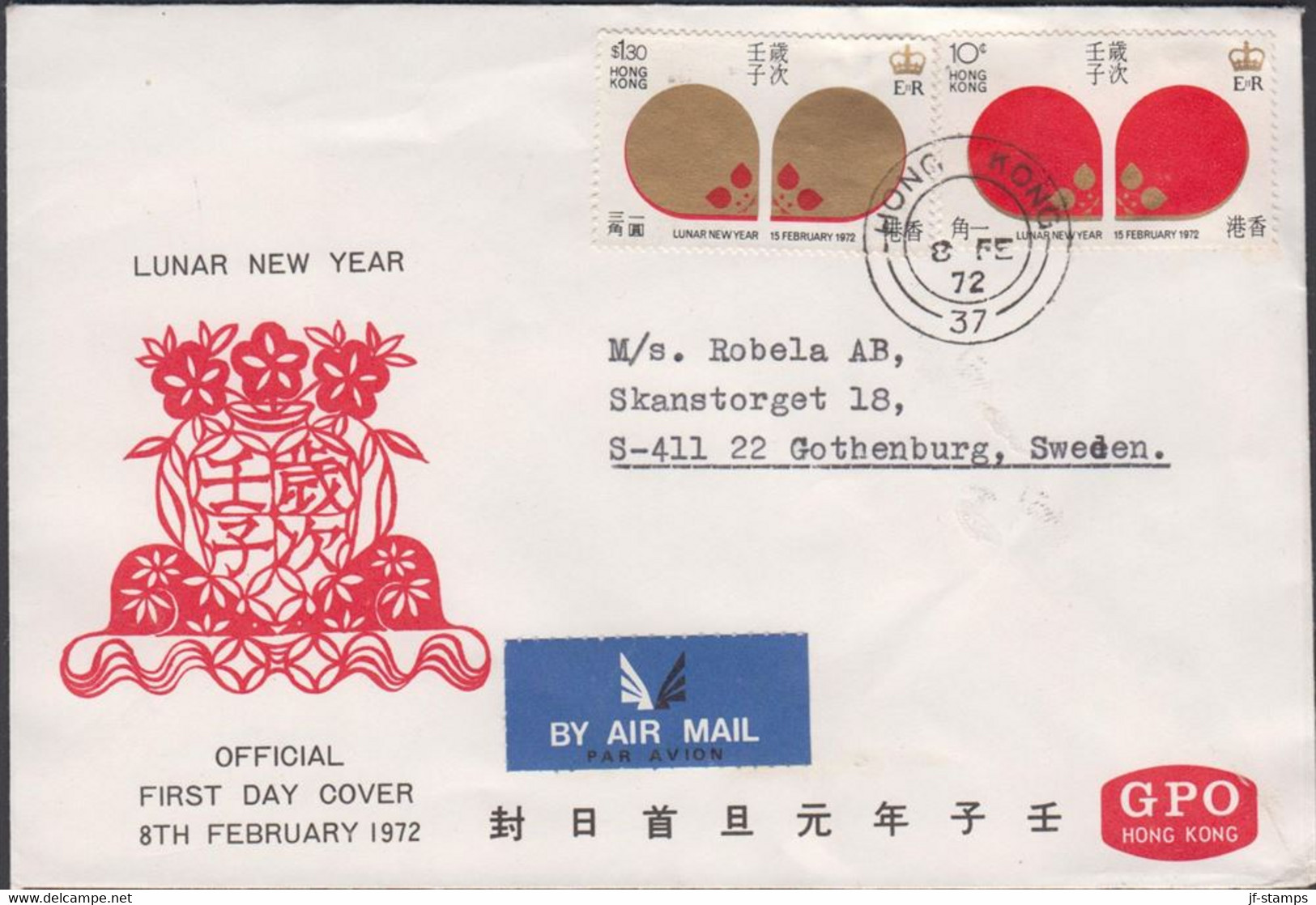 1972. HONG KONG. LUNAR NEW YEAR OF THE RAT On FDC To Sweden Cancelled DAY OF ISSUE 8 FE 7... (Michel 261-262) - JF427132 - Brieven En Documenten