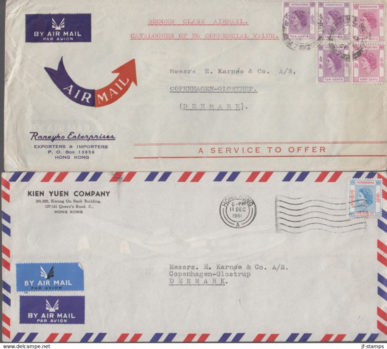 1961. HONG KONG. Two Commercial AIR MAIL Covers To Denmark. One With Elizabeth $ 1.30. (Michel 188+) - JF412299 - Storia Postale