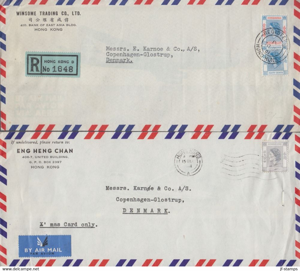 1961. HONG KONG. Two Commercial AIR MAIL Covers To Denmark. One With Elizabeth $ 1.30 + 40 C... (Michel 186+) - JF412300 - Covers & Documents