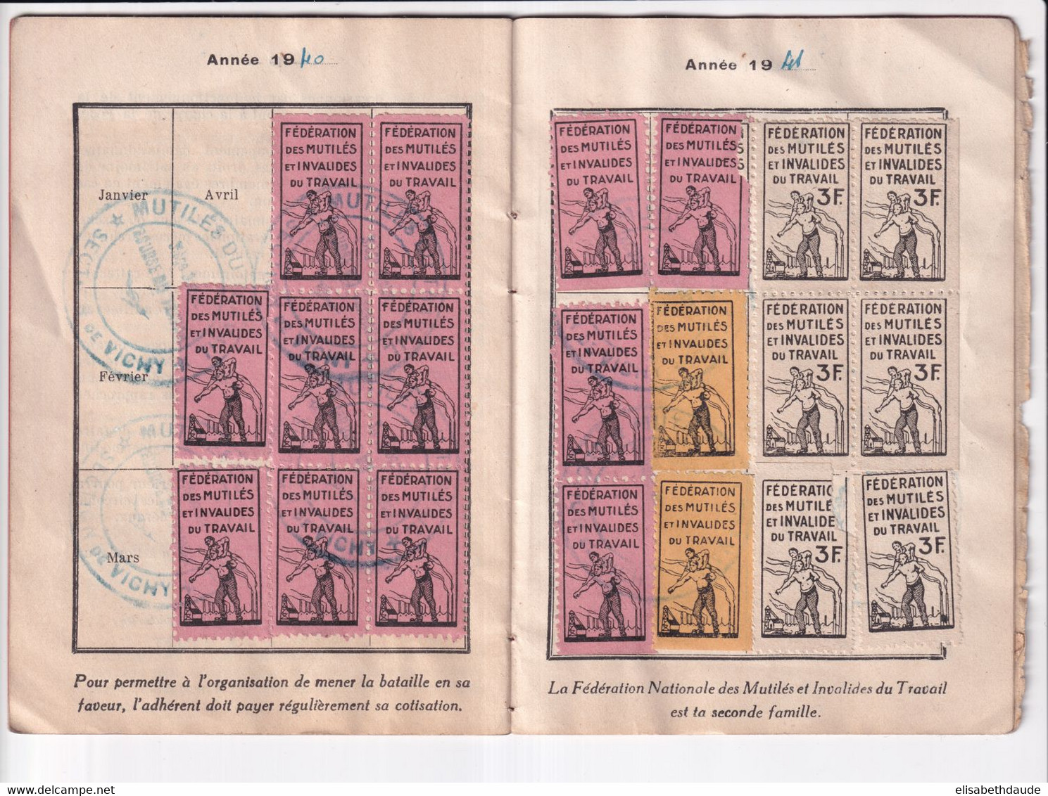 1940 à 1946 - VIGNETTES Des MUTILES ET INVALIDES Du TRAVAIL Sur CARNET COMPLET De BELLERIVE SUR ALLIER - Lettres & Documents