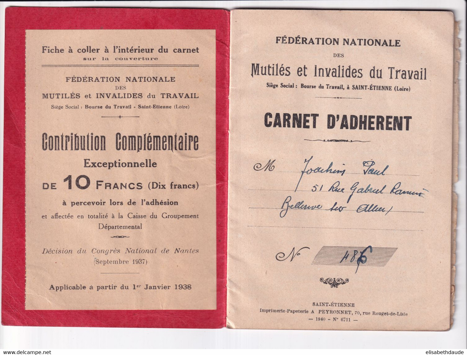 1940 à 1946 - VIGNETTES Des MUTILES ET INVALIDES Du TRAVAIL Sur CARNET COMPLET De BELLERIVE SUR ALLIER - Covers & Documents