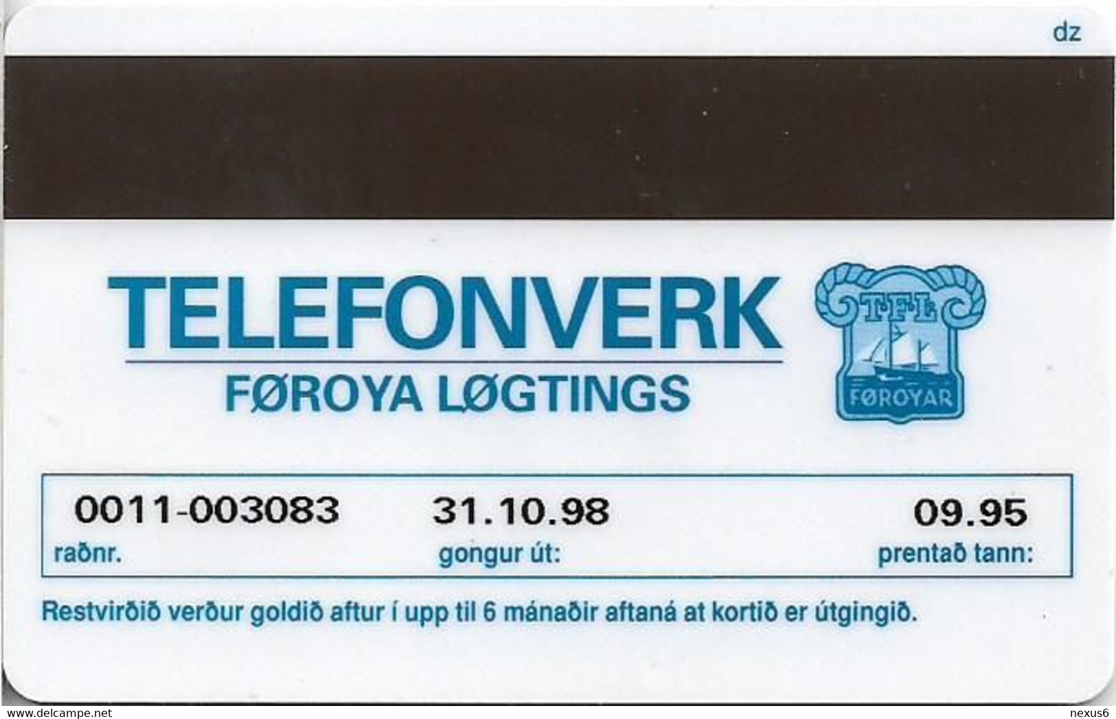 Faroe - Faroese Telecom (Magnetic) - Shiptype Seksæringur - 20Kr. - 80.000ex, Used - Faroe Islands