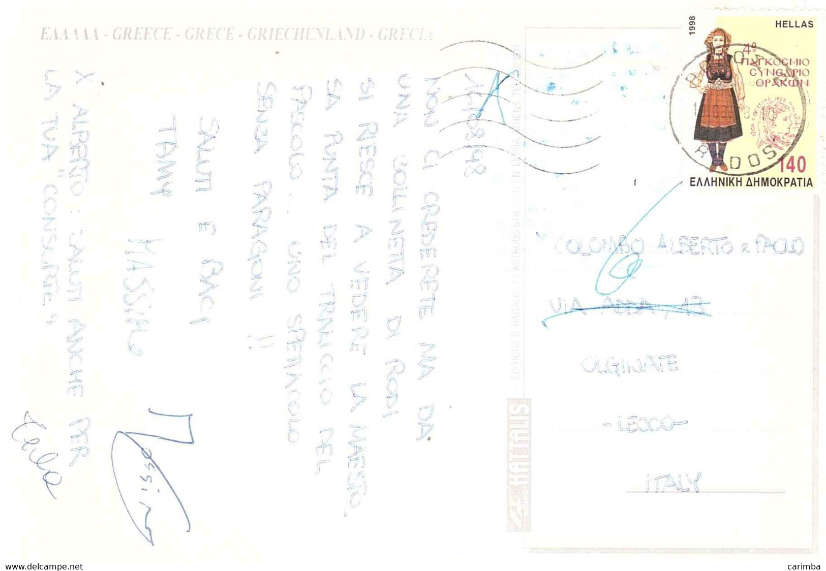 1998 CARTOLINA RHODES PER ITALIA - Lettres & Documents