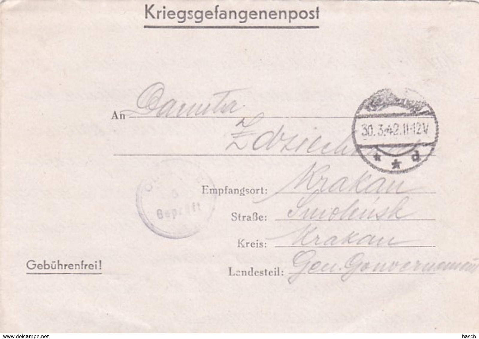 4813 19  Kriegsgefangenenpost 30.3.42 Oflag VI E (Dorsten)-Krakau - Oorlog 1939-45