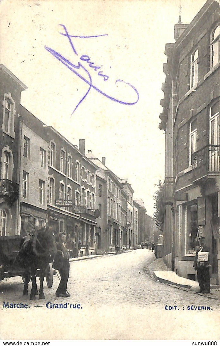 Marche - Grand'rue (Edit Séverin Animée Attelage Horlogerie Pharmacie Bourrelier 1902 Rare) - Marche-en-Famenne