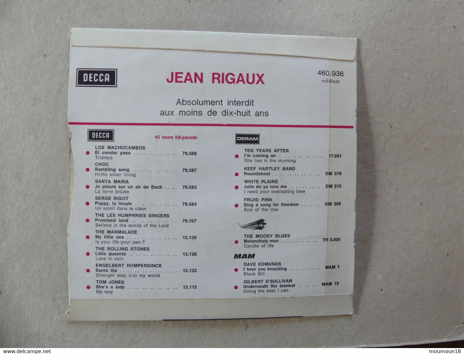 45 T Jean Rigaux Interdit Aux Moins De 18 Ans 460.936 Decca - Cómica