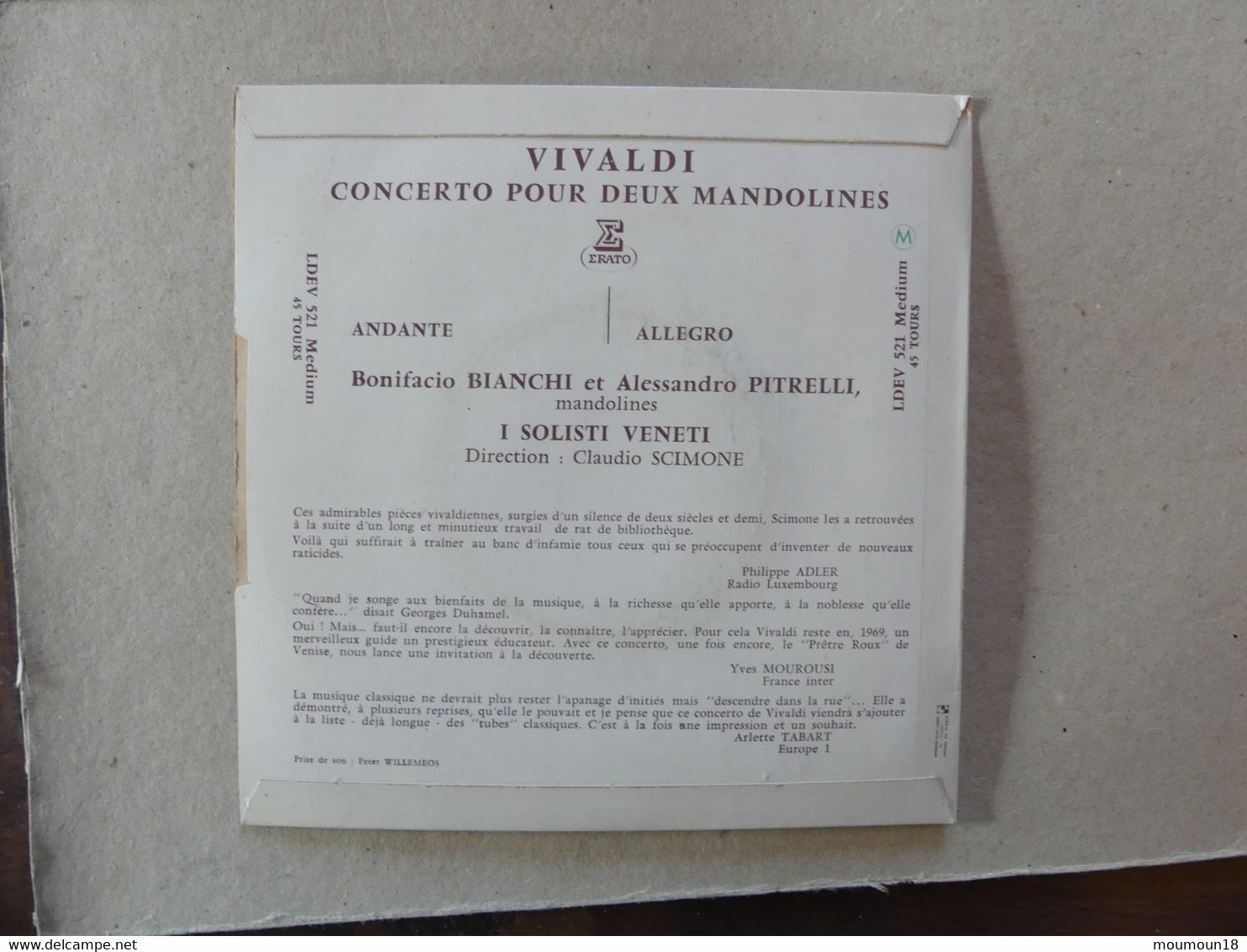 45 T Vivaldi Concerto Pour Deux Mandolines Solisti Veneti Claude Scimone LDEV 521 Erato - Classica