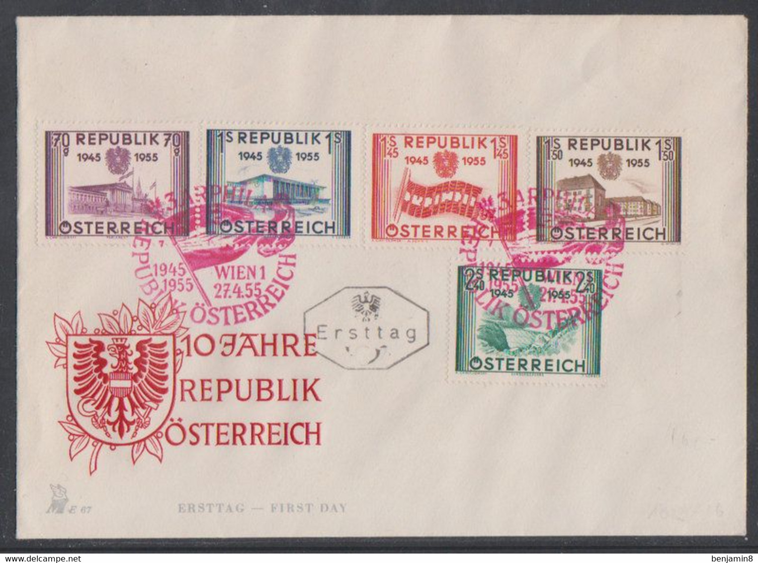 Österreich 1955 FDC Mi Nr: 1012-1016  10 Jahre Republik Österreich Mit Rotem Sonderstempel - FDC