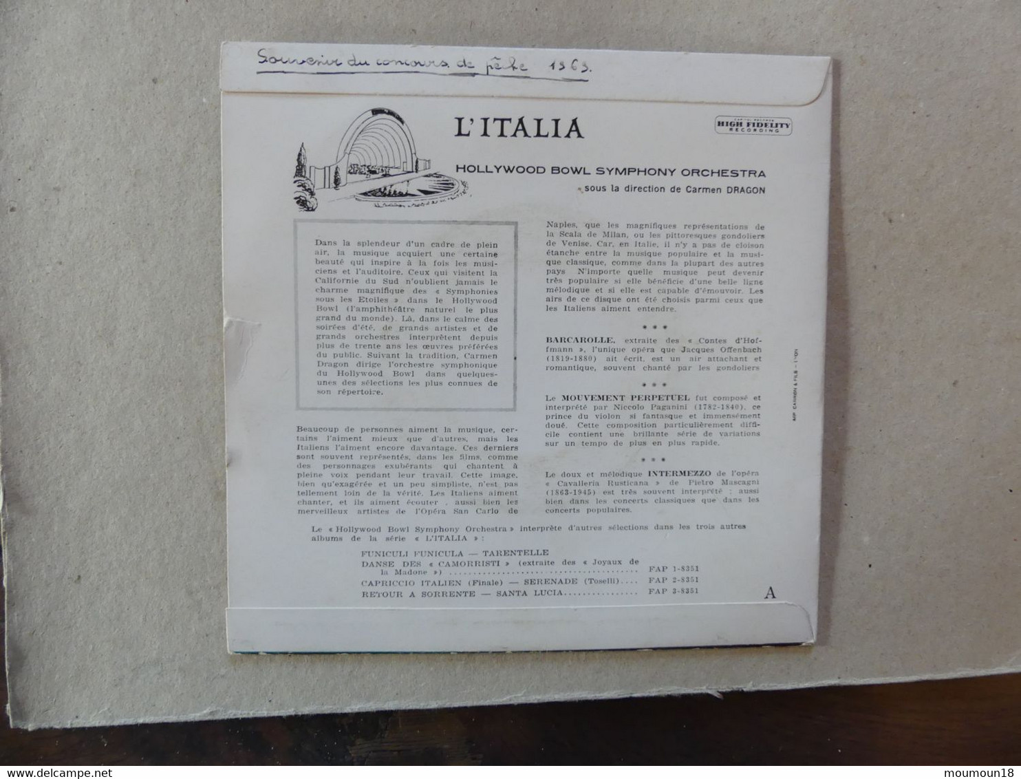 45 T  L'Italia The Hollywood Bowl Symphony Orchestra  Carmen Dragon FAP 4-8351 - Clásica