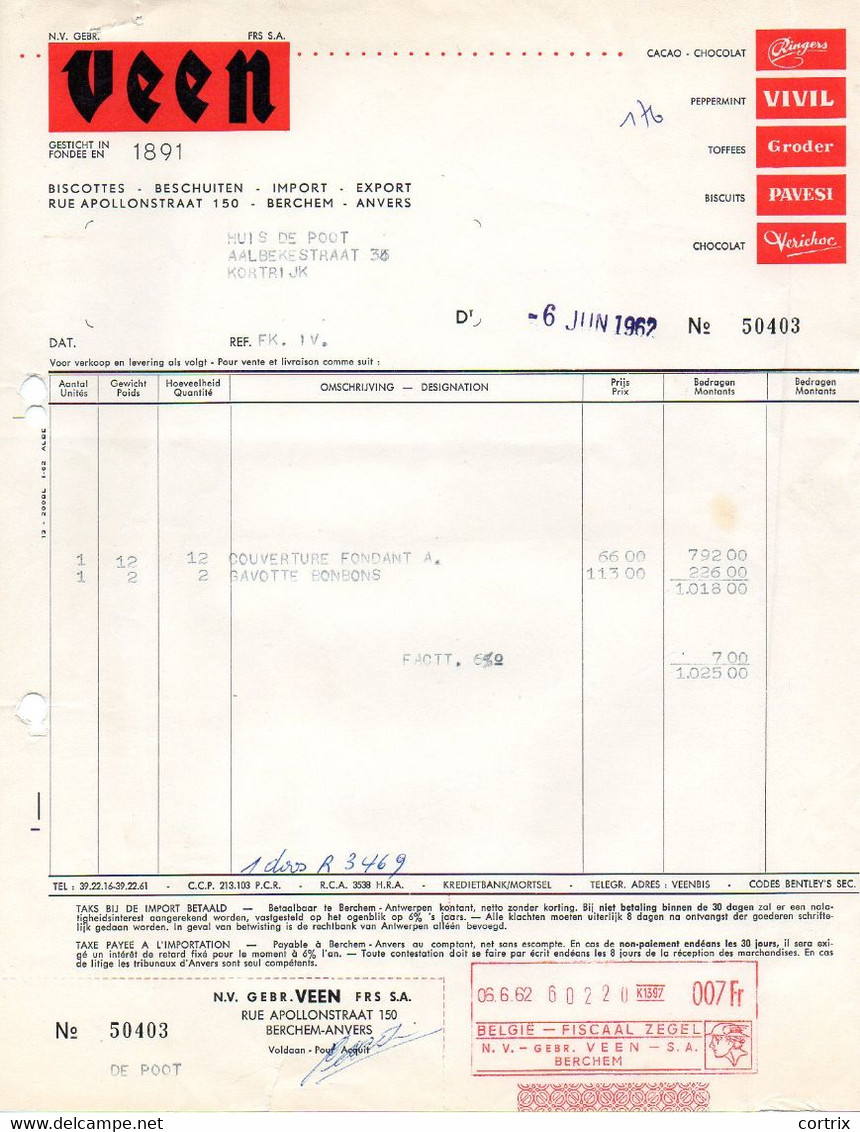 Factuur Beschuiten Veen Antwerpen Berchem 1962 - Lebensmittel