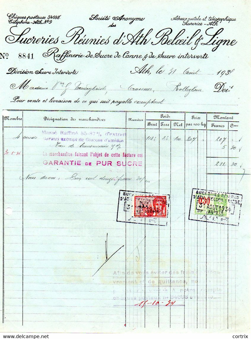 Facture Sucreries Réunies D'Ath 1934 - Lebensmittel