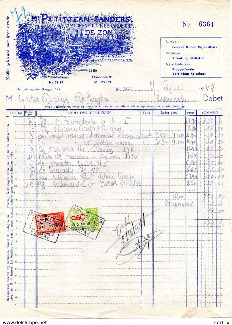 Factuur Koffiebranderij De Zon Petitjean-Sanders Brugge 1949 - Alimentos