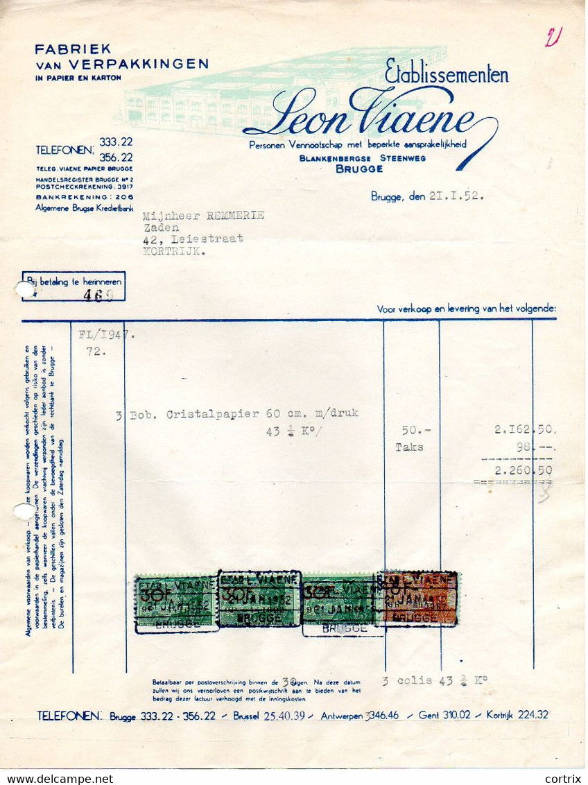 Factuur Verpakkingen Viaene Brugge 1952 (01) - Printing & Stationeries