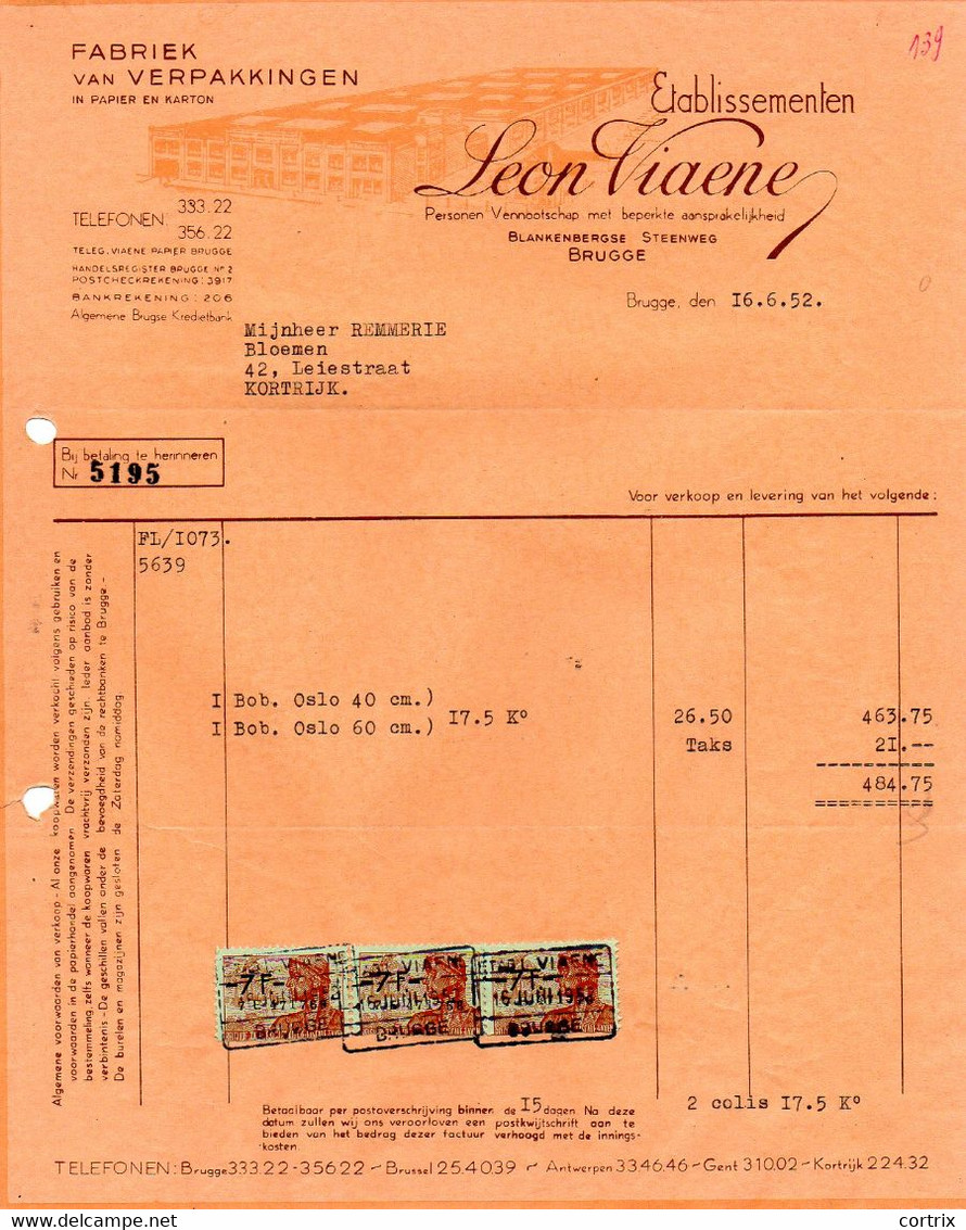 Factuur Verpakkingen Viaene Brugge 1952 (02) - Drukkerij & Papieren