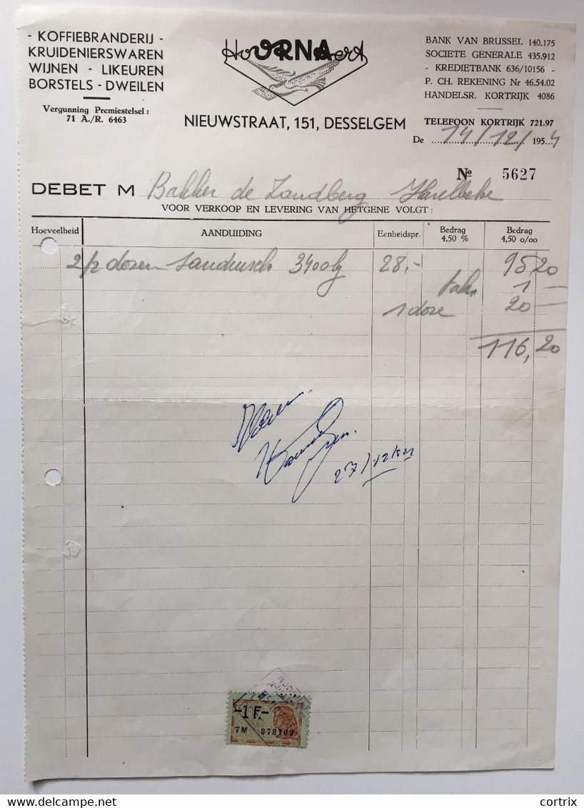 Factuur Koffiebranderij Hoornaert Desselgem Waregem 1954 - Alimentaire