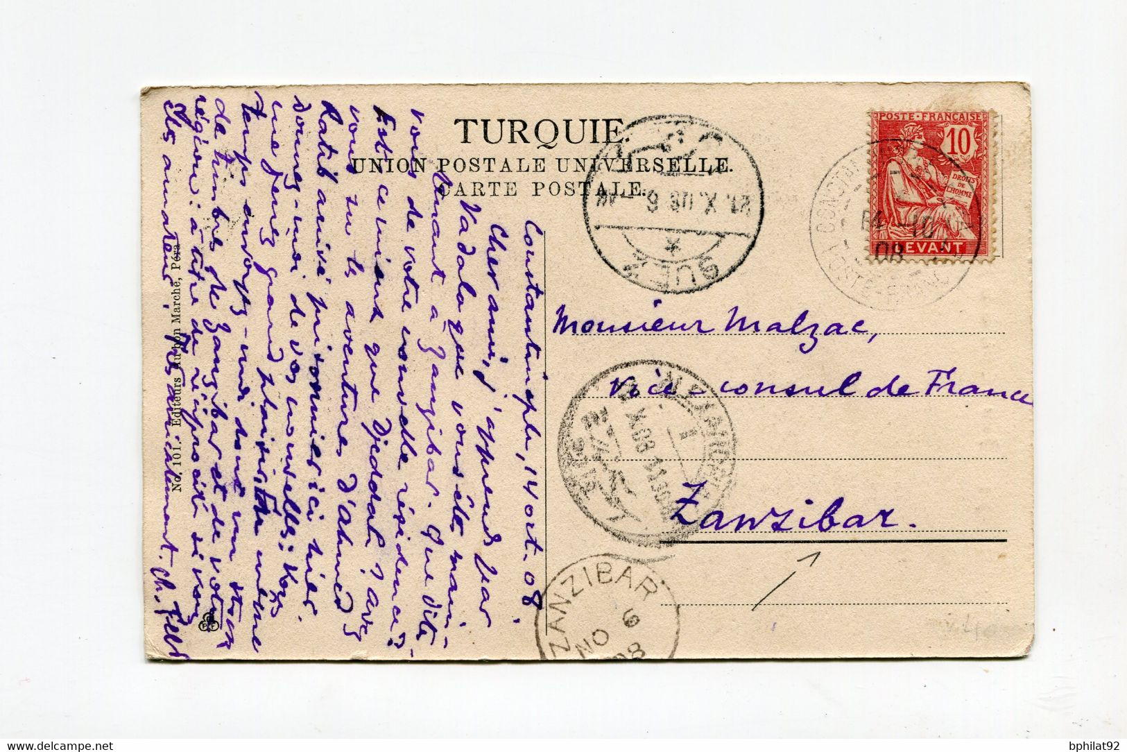 !!! LEVANT, CPA DE CONSTANTINOPLE DE 1908 POUR ZANZIBAR - Storia Postale