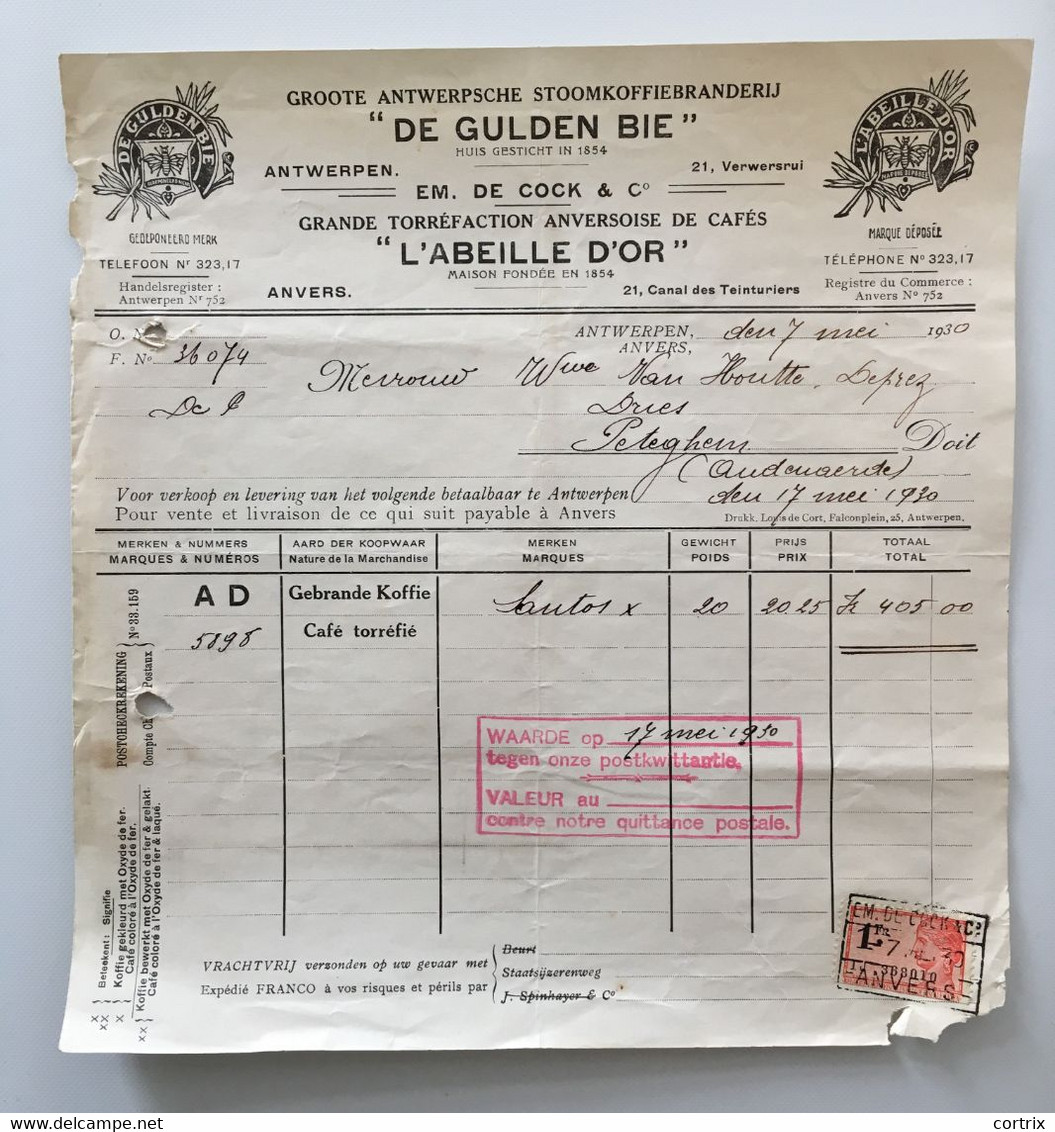 Factuur Koffiebranderij De Gulden Bie De Cock Antwerpen 1930 (01) - Levensmiddelen