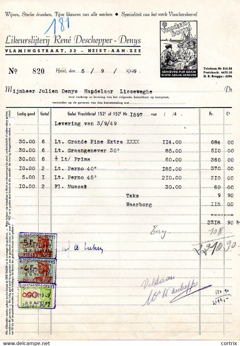 Factuur Likeuren Jenever Deschepper - Denys Knokke-Heist 1949 - Lebensmittel