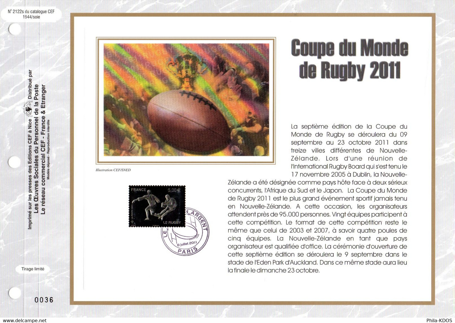 (Faciale = 5 €) COUPE DU MONDE DE RUGBY 2011 Sur Feuillet CEF 1er Jour. Soie N° YT ADH 597. Parf. état. FDC - Rugby