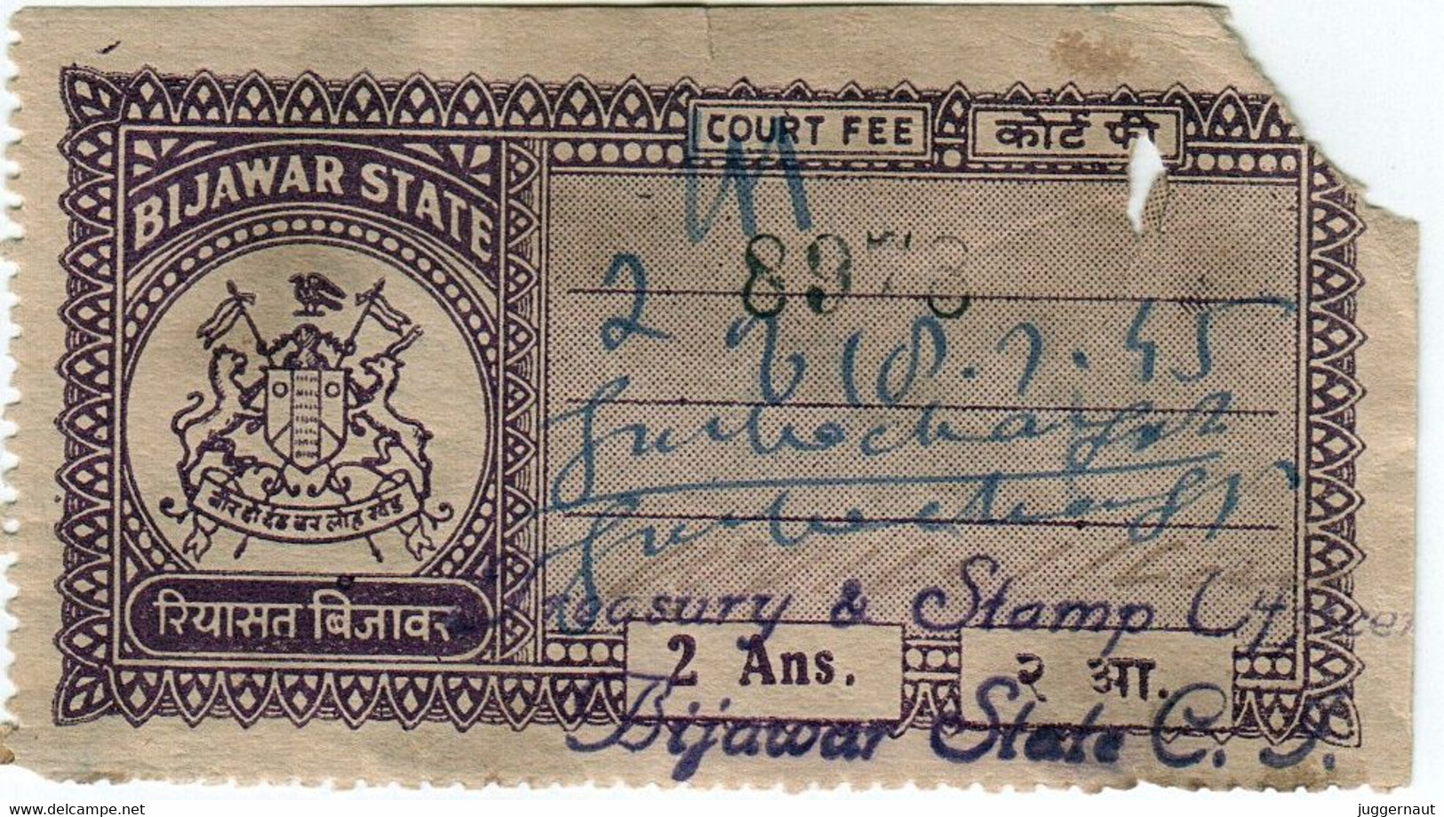 INDIA BIJAWAR Princely State 2-ANNAS Court Fee STAMP 1944-48 Good/USED - Bijawar