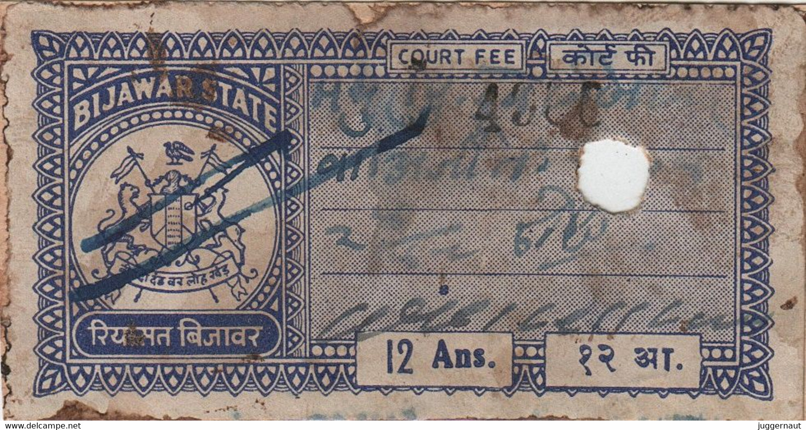 INDIA BIJAWAR Princely State 12-ANNAS Court Fee STAMP 1944-48 Good/USED - Bijawar